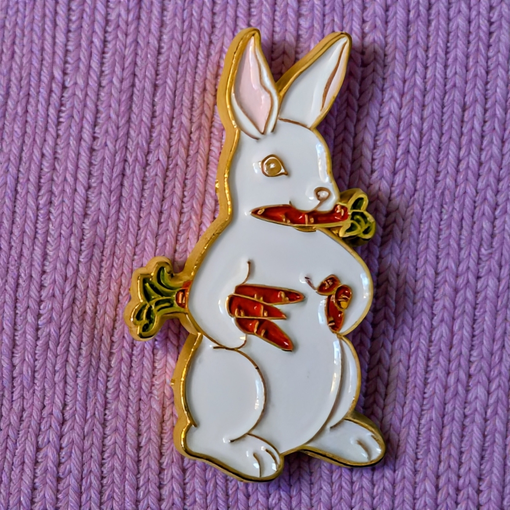 White and Gold Rabbit & Carrots Enamel Pin